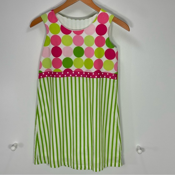 Sixth Alice Girls Green Pink Striped Polka Dot Lined Shift Cotton Dress Size M - Picture 2 of 6